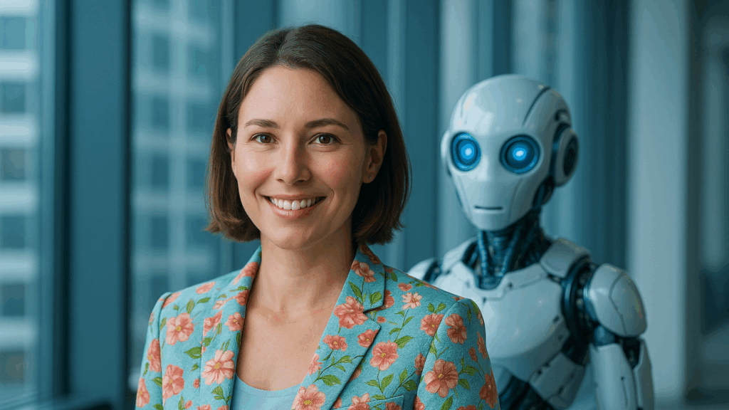 a woman smiling next to a robot
